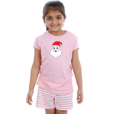 Pink Half sleeve Girls Pyjama - Santa